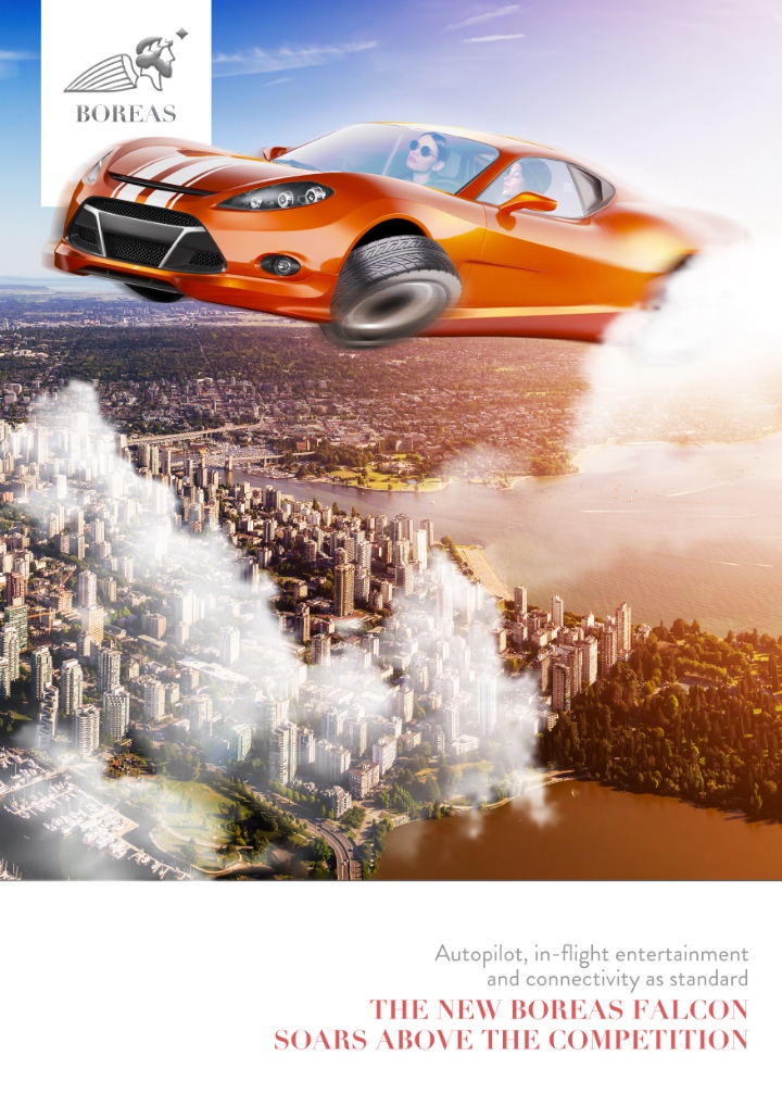 A car flying high in the skies above a city