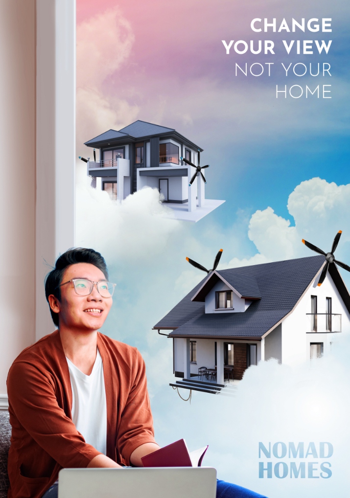 A man looking out of the window at two houses flying in the sky