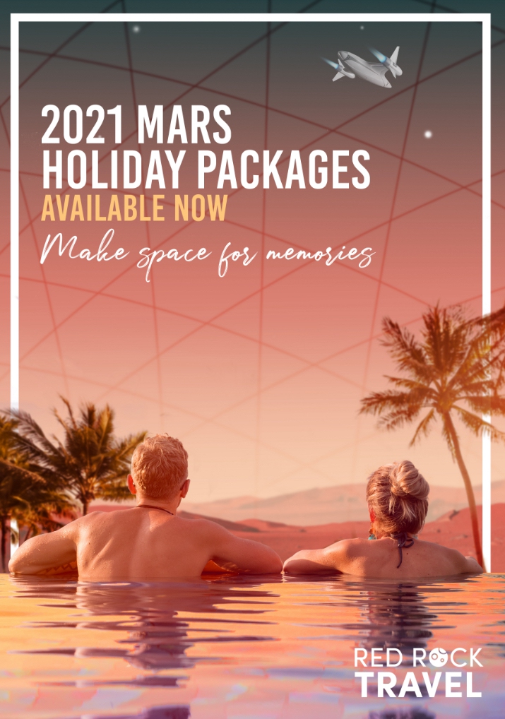 Two people in a swimming pool on Mars