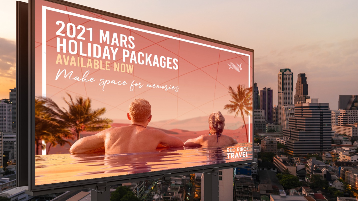 A billboard that has an image of two people in a swimming pool on Mars